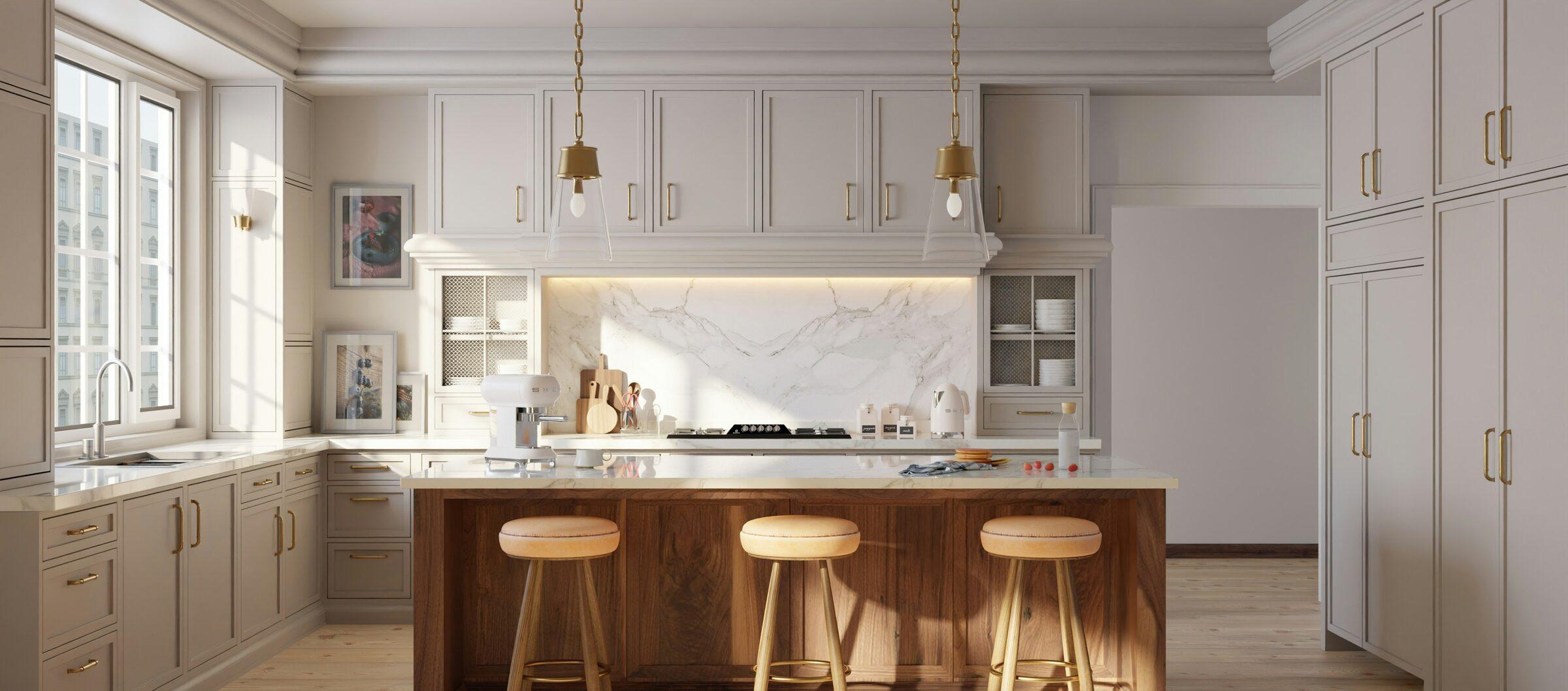 Rendering of a kitchen with pale grey cabinets and brass handles, a walnut island with three round stools, a marble backsplash and two brass pendant lights