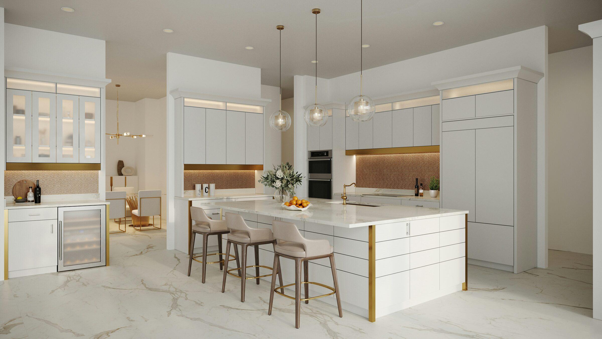 Rendering of a white kitchen with a marble-look island trimmed in brass, three upholstered stools, globe pendant lights and a copper mosaic backsplash
