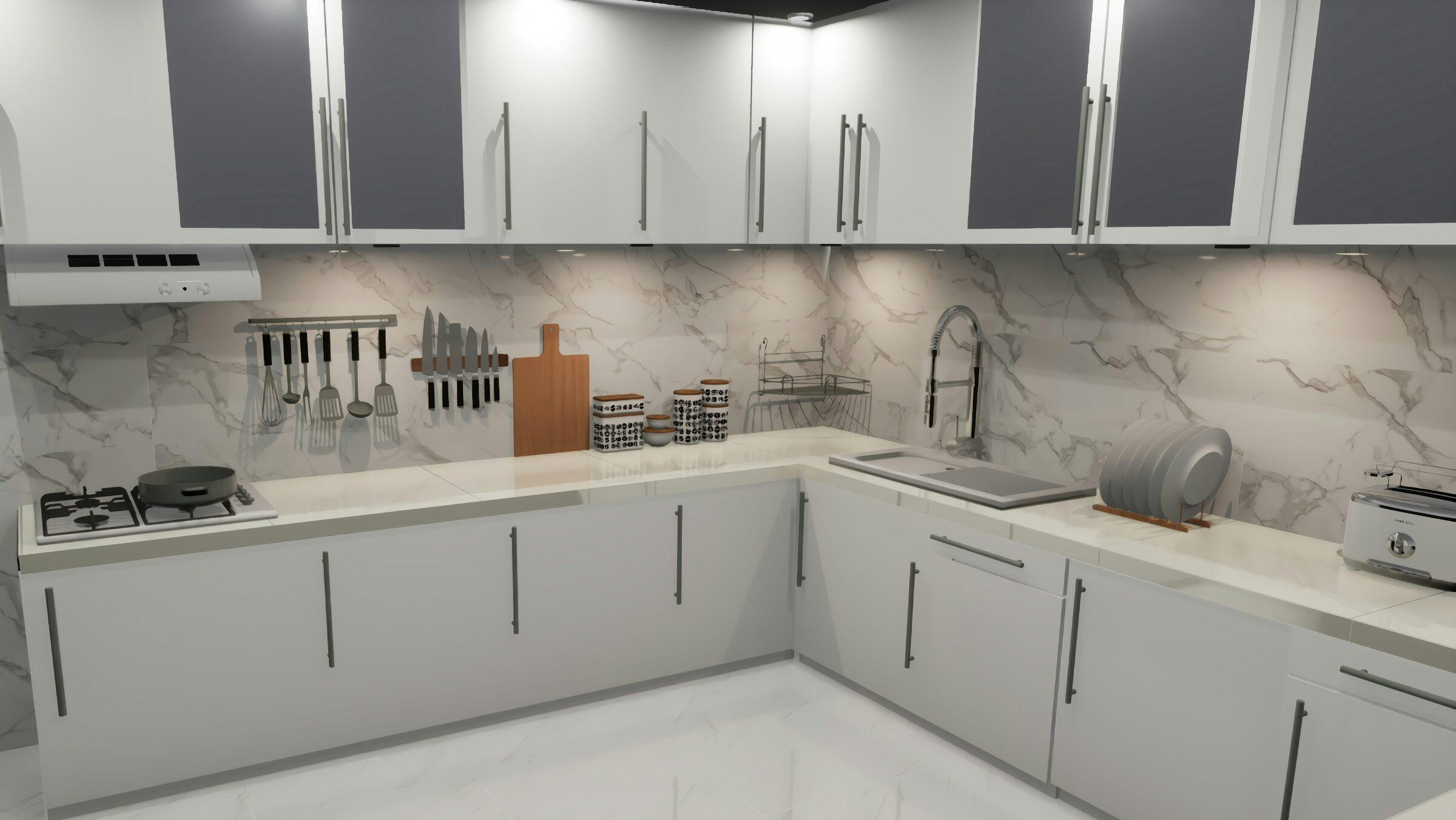 3D rendering of an L-shaped kitchen with white and grey cabinets, a marble-look backsplash, a gas hob and a sink